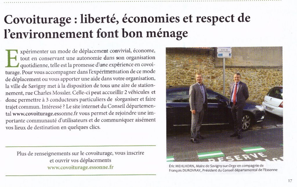 Article traitant de la mise en place d'une de covoiturage issu du magazine Vivre à Savigny-sur-Orge Janvier-Mars 2016 page 17