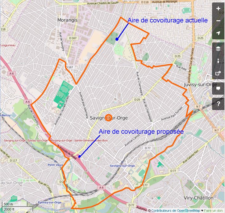 Cartographie des aires de covoiturage à Savigny-sur-Orge. Fond de carte © OpenStreetMap, 20 mai 2016